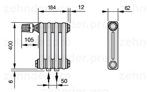 Схема (чертеж) Радиатор Zehnder Charleston 2040/4 №V007 Белый глянцевый RAL 9016